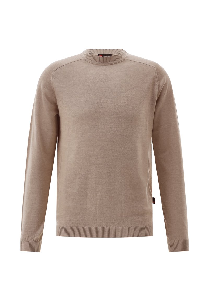 Beiger Strickpullover mit langen Ärmeln, Rundhalsausschnitt, gerippten Bündchen und Saum. Glatte Textur mit einem einfachen Design und ohne sichtbare Muster.