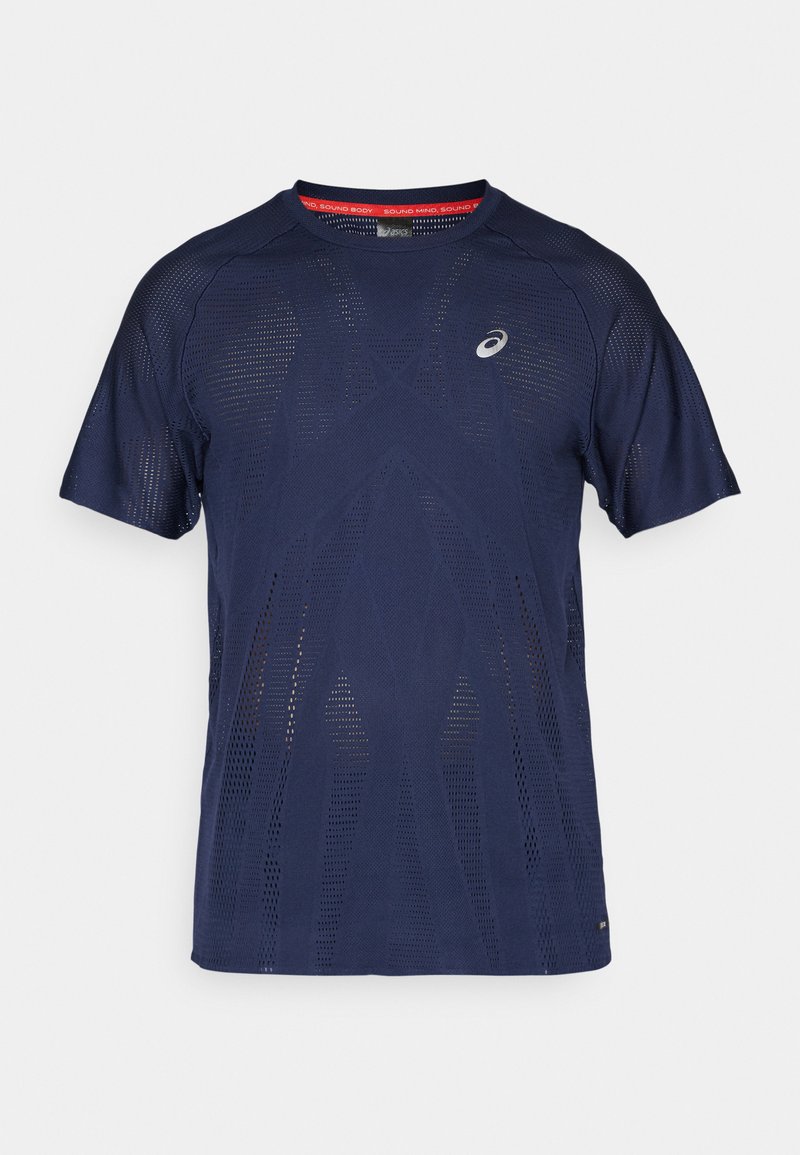 Dunkelblaues sportliches T-Shirt aus atmungsaktivem Mesh-Gewebe, mit Rundhalsausschnitt, kurzen Ärmeln und dem Asics-Logo auf der Vorderseite.