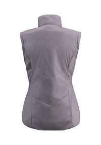 Violet sleeveless vest with high collar, textured fabric, and chevron stitching patterns on the back, highlighting a streamlined design.