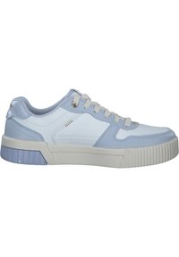 Baskets bleu clair avec un dessus en cuir lisse, accents blancs et semelle en caoutchouc texturé. Présente des lacets plats et un design minimaliste.