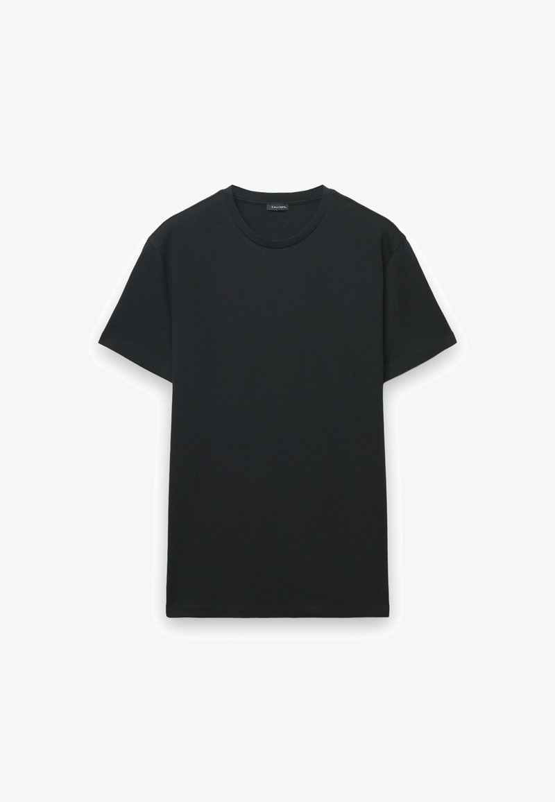 T-shirt nera in cotone con scollo a girocollo e maniche corte. Presenta una texture liscia con un design semplice e casual.