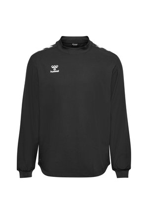 Schwarzes Sporttrikot mit langen Ärmeln, weißem Hummel-Logo auf der Brust und weißen Chevron-Details an den Schultern, gerippten Bündchen und Rundhalsausschnitt.