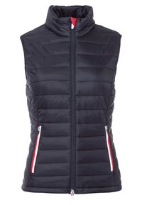Marinblå puffväst med hög krage, hel dragkedja, två sidfickor med röda och vita detaljer, samt horisontellt quiltad textur.