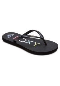 Mustat flip-flopit, joissa on teksturoitu kengänpohja, kapeat kumiset sormitukistrapit ja monivärinen "ROXY"-logo päällä. Hopea yksityiskohta strapin liitospisteessä.