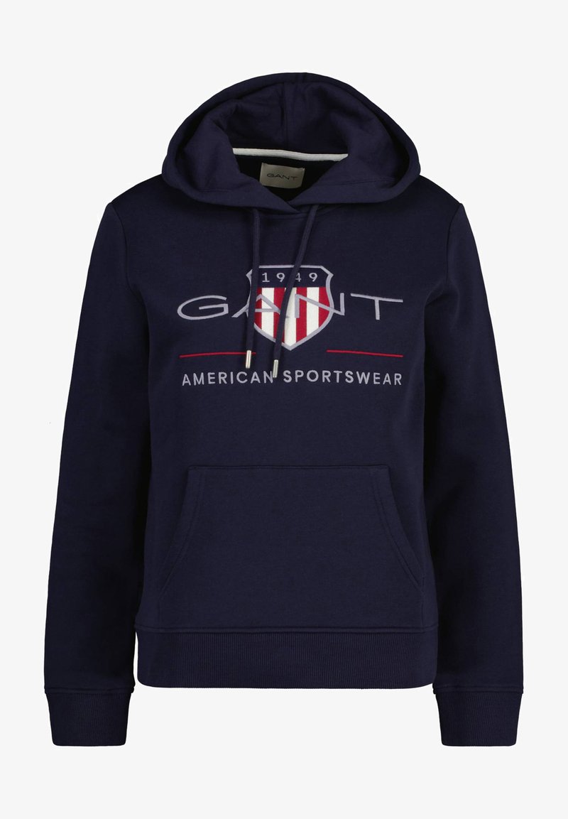 Dunkelblauer Hoodie aus Baumwollmischung mit einer vorderen Tasche, verstellbarem Kordelzug und grafischem Logo mit Schilddesign.