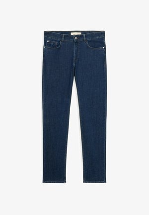 Ciemnoniebieskie dżinsy o prostych nogawkach, z przodem na guziki i zamek błyskawiczny, pięcioma kieszeniami oraz widocznymi detalami przeszyć.