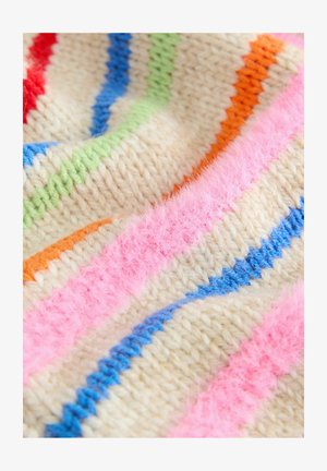 Daugiaspalvė dryžuota megztinė tekstūra, kurioje matomi pūkuoti rožiniai, žali, mėlyni, oranžiniai ir raudoni akcentai ant kreminės fono.