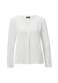 Blusa bianca a maniche lunghe con scollo a V, realizzata in un tessuto morbido, con pieghe sottili sulle spalle e una vestibilità rilassata. Nessun motivo o hardware visibile.