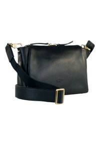 Borsa a tracolla nera in pelle con texture liscia, hardware dorato, tracolla regolabile e chiusura con zip superiore. Logo impresso sul lato.