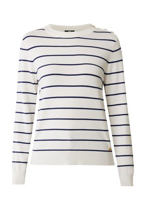 Bílý svetr s dlouhým rukávem a námořnickými horizontálními pruhy. Má kulatý výstřih a zlatý detail knoflíku na rameni. Měkká pletenina.