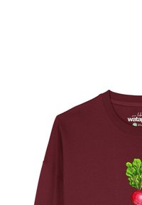 Sweatshirt bordeaux avec une illustration de radis vert sur le devant, col rond et manches longues. Tissu en coton doux, design décontracté.