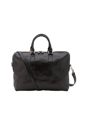 Borsa a mano in pelle nera con doppio manico superiore e tracolla staccabile. Presenta una chiusura con zip e una texture liscia. Design semplice e rettangolare.