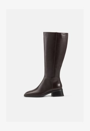 Knee-high brown leather boots with a smooth finish, rounded toe, and a stacked black heel. Simple design with minimal hardware details.