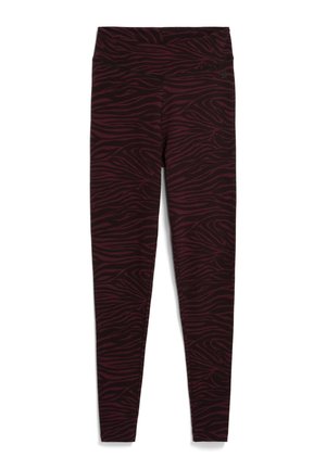 Hochbundige Leggings mit schwarzen und dunkelvioletten Zebra-Streifen, voll lang, enganliegend und mit glattem Stoffgefühl.