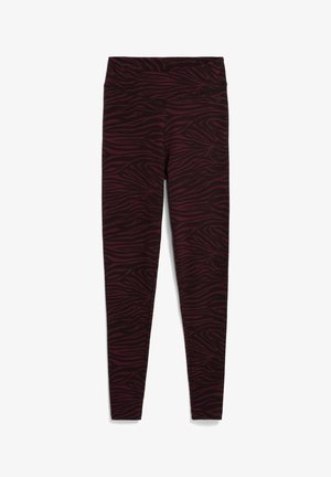 Hochbundige Leggings mit schwarzen und dunkelvioletten Zebra-Streifen, voll lang, enganliegend und mit glattem Stoffgefühl.