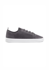 Graue Mesh-Sneaker mit strukturiertem Obermaterial, flacher weißer Sohle und sechs Ösen für die Schnürsenkel. Hintere Zuglasche für einfaches Anziehen.