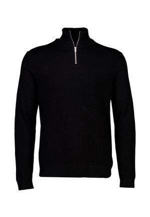 Maglione nero a maniche lunghe con colletto alto e zip a metà. Realizzato in un tessuto liscio e testurizzato con polsini e orlo a costine.