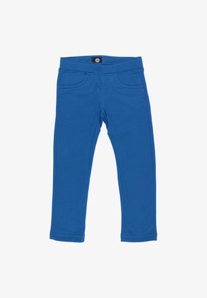 Blue stretch cotton leggings with a smooth texture, elastic waistband, and decorative front pockets. Tailored fit and solid color design.