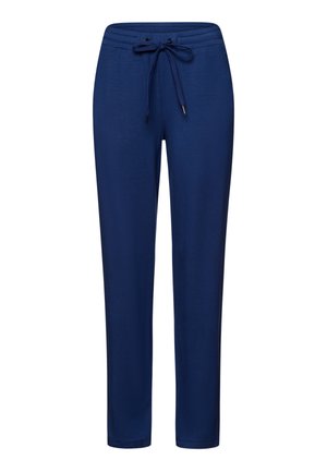 Pantaloni jogger blu navy realizzati in tessuto leggero, dotati di una vita elastica con coulisse e gambe affusolate.