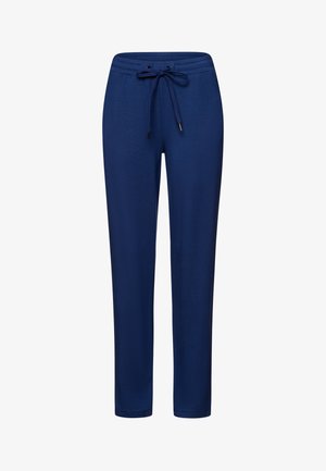 Pantaloni jogger blu navy realizzati in tessuto leggero, dotati di una vita elastica con coulisse e gambe affusolate.