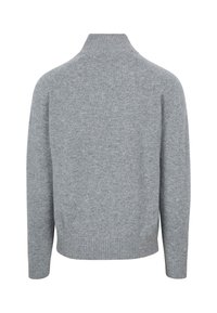 Helles graues Wollturtleneck-Sweatshirt mit langen Ärmeln und gerippten Bündchen und Saum, von hinten auf einem weißen Hintergrund gezeigt.