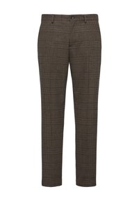 Bruine geruite broek met een getailleerde pasvorm, riemlussen en voorzakken. Gemaakt van een gestructureerde stof met verticale en horizontale lijnen.