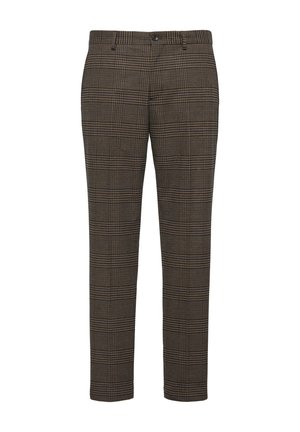 Brown plaid trousers featuring a tailored fit, belt loops, and front pockets. Made from a textured fabric with vertical and horizontal lines.
