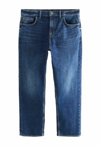 Jeanși din denim albastru închis, cu un croi drept, având buzunare frontale și închidere cu nasture. Fading-ul ușor pe coapse adaugă textură.