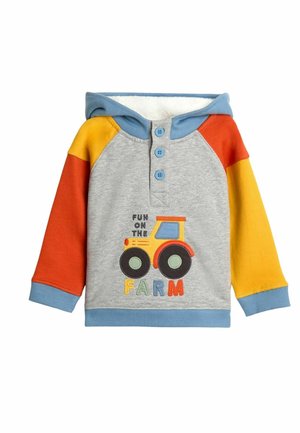 Grau Hoodie mit blauen, orangen und gelben Raglanärmeln. Mit einem Traktor-Grafik und dem Text "SPASS AUF DEM BAUERNHOF". Weicher Stoff, Frontknöpfe.