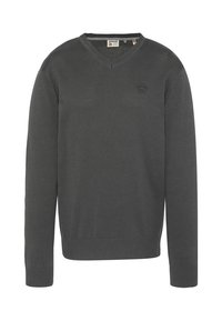 Ciemnoszary sweter na drutach z dekoltem w serek, długimi rękawami, ściągaczami na mankietach i dole. Posiada małą naszywkę z logo na górnej lewej stronie.