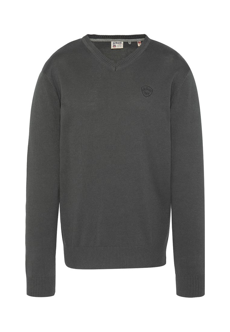 Ciemnoszary sweter na drutach z dekoltem w serek, długimi rękawami, ściągaczami na mankietach i dole. Posiada małą naszywkę z logo na górnej lewej stronie.