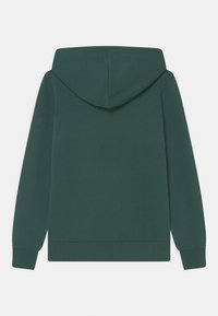 Mörkgrön huvtröja sedd bakifrån med långa ärmar och ribbad mudd och nederkant på en vit bakgrund.