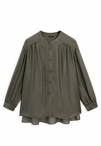 Khaki grøn skjorte med knapper, rund hals, lange puffede ærmer og buet kant. Stoffet ser glat og let ud. Har subtile samlinger ved skuldrene.