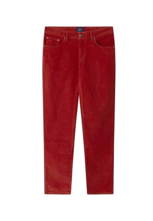 Pantaloni in corduroy rossi con un design a gamba dritta, dotati di due tasche sul davanti e dettagli di cucitura discreti. Texture morbida e costruzione robusta.