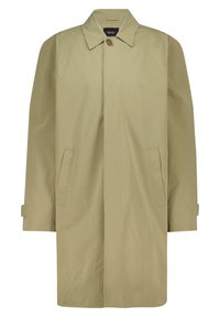 Beige trench coat with a collared neckline, single button closure, and two side pockets. Made from smooth, lightweight material.