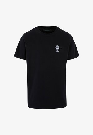 Fekete pamut póló kerek nyakkal, kis grafikával egy kávéscsészével és a "TÖBB ESPRESSO, KEVESEBB DEPRESZSO" felirattal fehér színben.