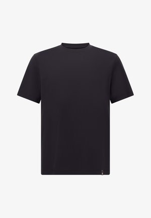 Črna kratkotrajna majica s kratkimi rokavi, izdelana iz gladkega materiala, s krožnim izrezom in ravnim robom. Vsebuje majhen logotip na dnu.