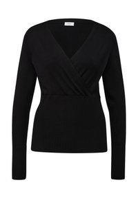 Czarna bluzka z długim rękawem w splot prążkowany, z dekoltem w serek. Posiada fason kopertowy i dopasowaną talię. Gładka tekstura o czystym, minimalistycznym wyglądzie.