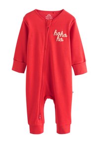 Grenouillère rouge pour bébé à manches longues, fermeture éclair frontale et texte "hoho". Fabriquée en tissu doux avec poignets côtelés et sans pieds.
