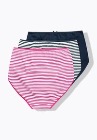 Tre paia di intimo high-waisted: rosa con strisce bianche, blu navy uniforme e nero con strisce bianche. Tessuto morbido, vita elastica.