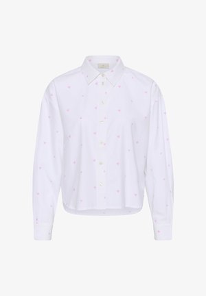 White long-sleeve shirt with a collar, featuring a pattern of small pink hearts and a button-front closure. Smooth cotton fabric.