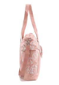 Pink fabric bag with white text, featuring a zip closure, adjustable strap, and dual handles; smooth texture and rounded shape.