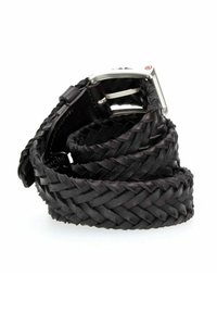 Cintura in pelle nera intrecciata con fibbia in metallo argentato. La texture è morbida e il motivo dell'intreccio è distintivo e continuo.