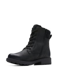 Black leather ankle boot featuring a lace-up front, side zipper, textured accents at the collar, and a sturdy rubber sole.