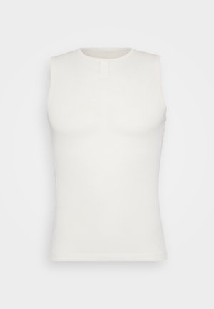 White sleeveless tank top made of smooth fabric, featuring a round neckline and a small button detail at the front. Simple, fitted design.
