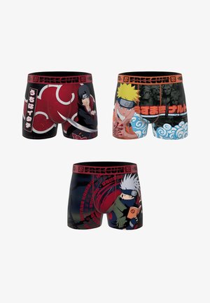 Trois paires de boxers noirs représentant les personnages de l'anime Naruto : Itachi, Naruto et Kakashi, avec des symboles et du texte japonais associés.