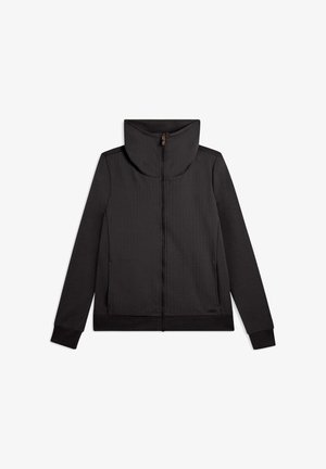 Veste zippée noire avec un col montant, présentant un tissu texturé et des manches lisses. Comprend un petit logo sur l'ourlet.