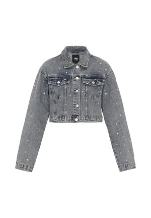 Jachetă scurtă gri din denim cu mâneci lungi, închidere cu nasturi în față, buzunare la piept și pete mici albe de vopsea împrăștiate.