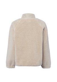 Beige fleece jack met een zachte, gestructureerde stof, met een hoge kraag en raglanmouwen. Geen zichtbare sluitingen of versieringen.