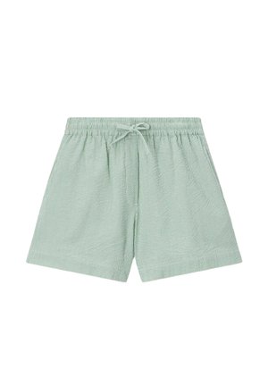 Shorts en coton rayés vert clair et blanc avec taille élastique et cordon à l’avant, posés à plat sur fond blanc.
